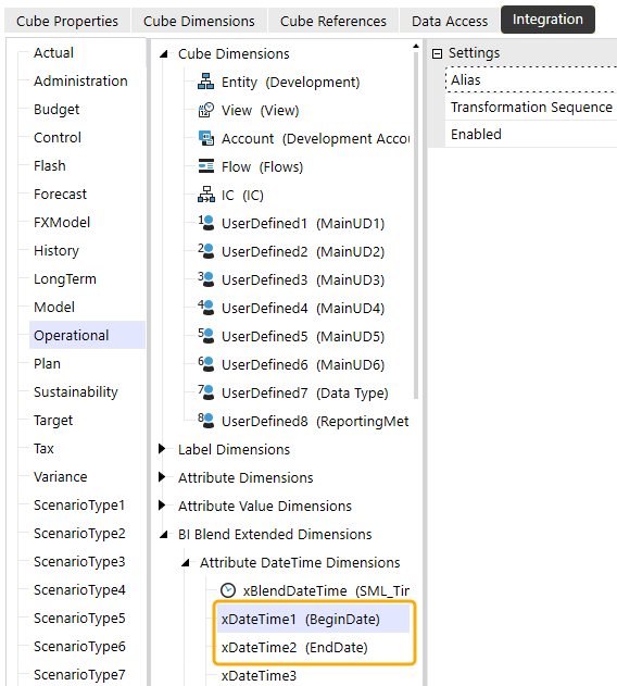 The cube's Integration tab displays the BI Blend Extended Dimension xBlendDateTime expanded. XDateTime1 and xDateTime2 are highlighted in the tree view